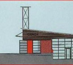 Architekturzeichnung des Feuerwehrgerätehauses Denkingen mit Übungsturm und Seitentrakt